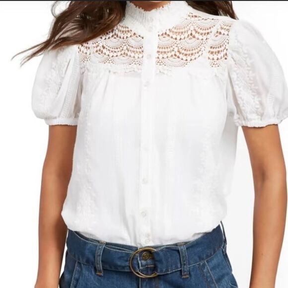 New York & Company Sheer Lace Embroidered Button Up White Blouse Small - Picture 1 of 13